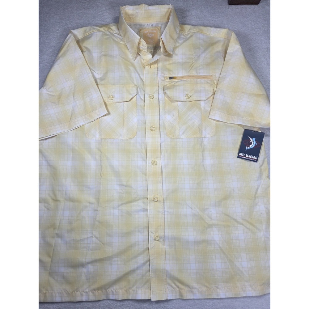 Reel Legends Performance Fishing Shirt Mens M Yellow Plaid Quick Dry UPF 30 NWT